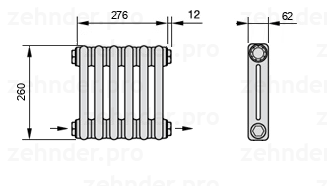Схема (чертеж) Радиатор Zehnder Charleston 2026/6 №2670 Белый глянцевый RAL 9016